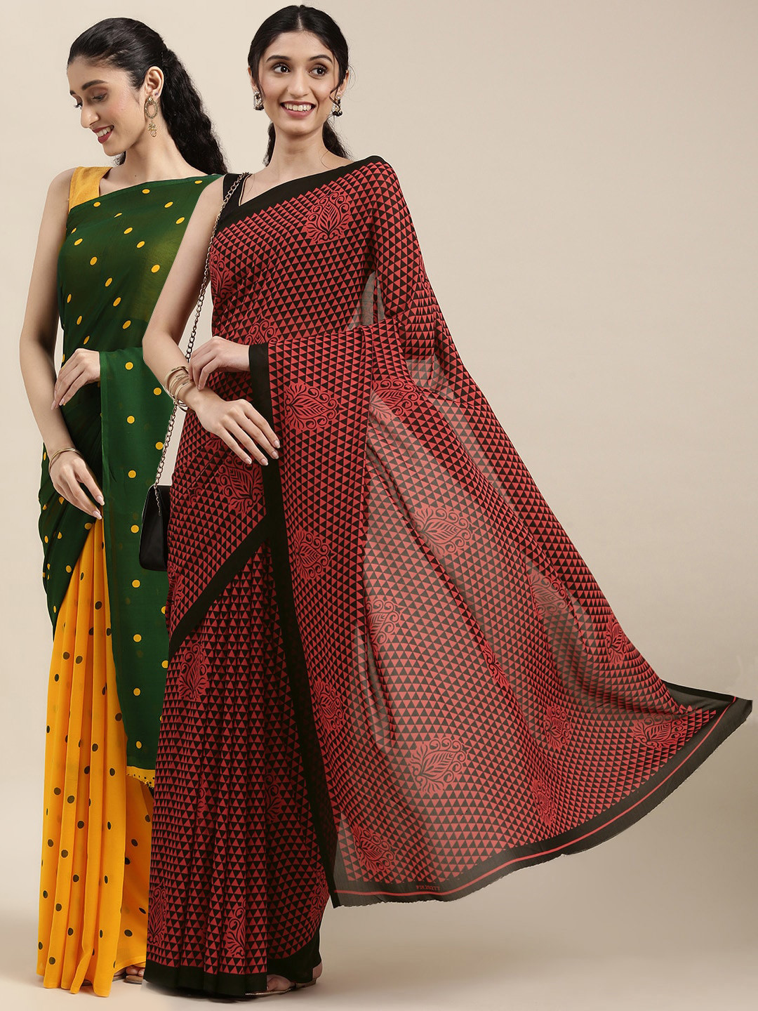 

KALINI Pack of 2 Printed Sarees, Green