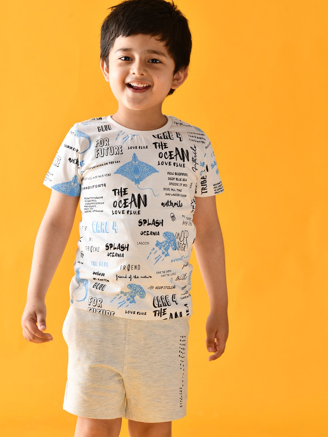 

Anthrilo Boys White & Blue Printed Cotton T-shirt with Shorts Clothing Set