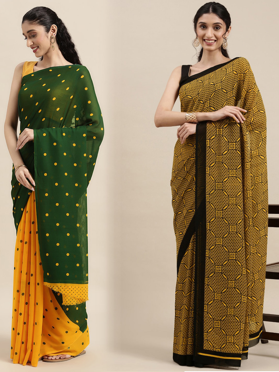 

KALINI Pack of 2 Polka Dots Printed Saree, Green