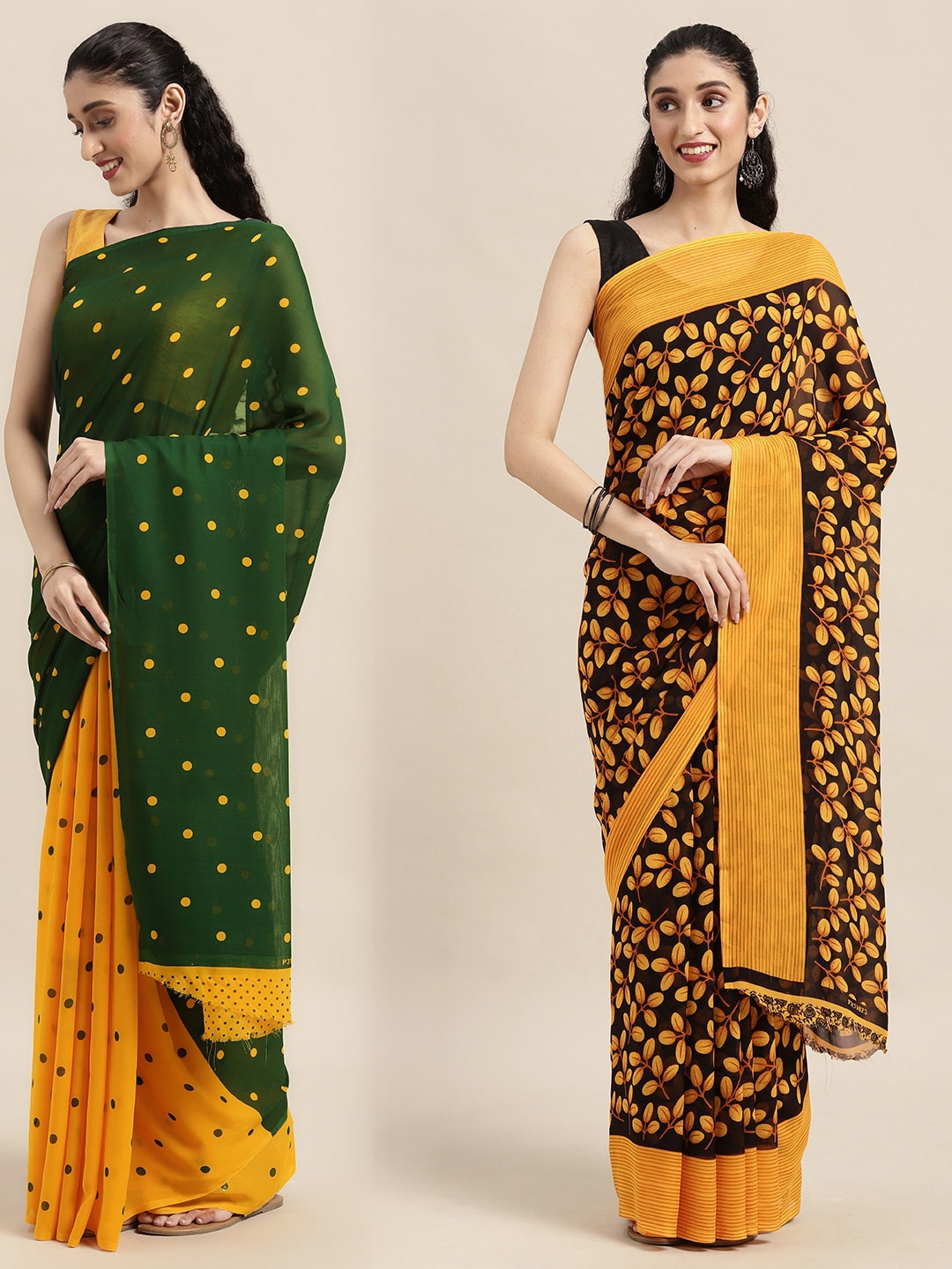 

KALINI Pack of 2 Polka Dots Printed Saree, Green