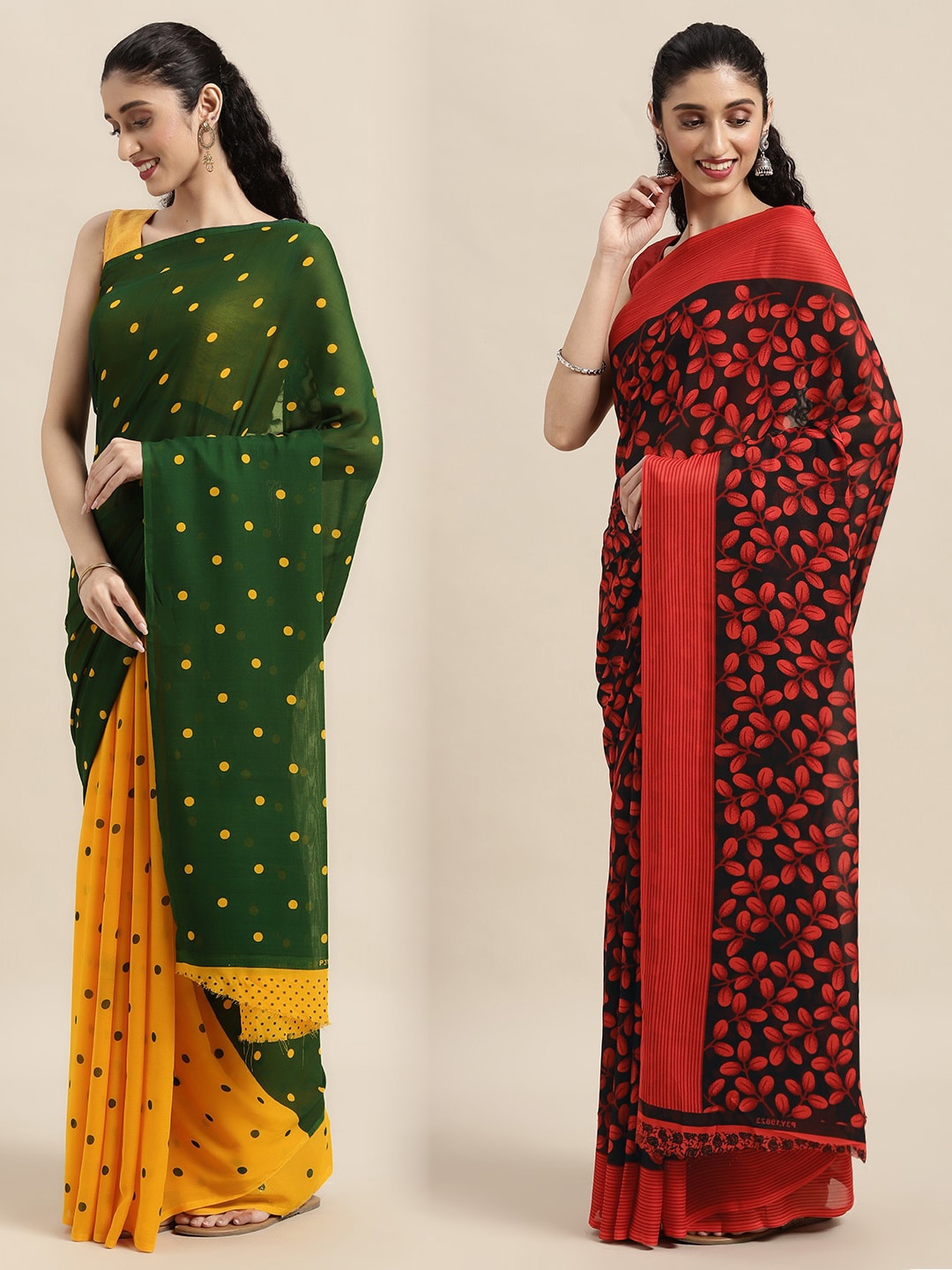 

KALINI Pack Of 2 Green & Red Polka Dots Saree