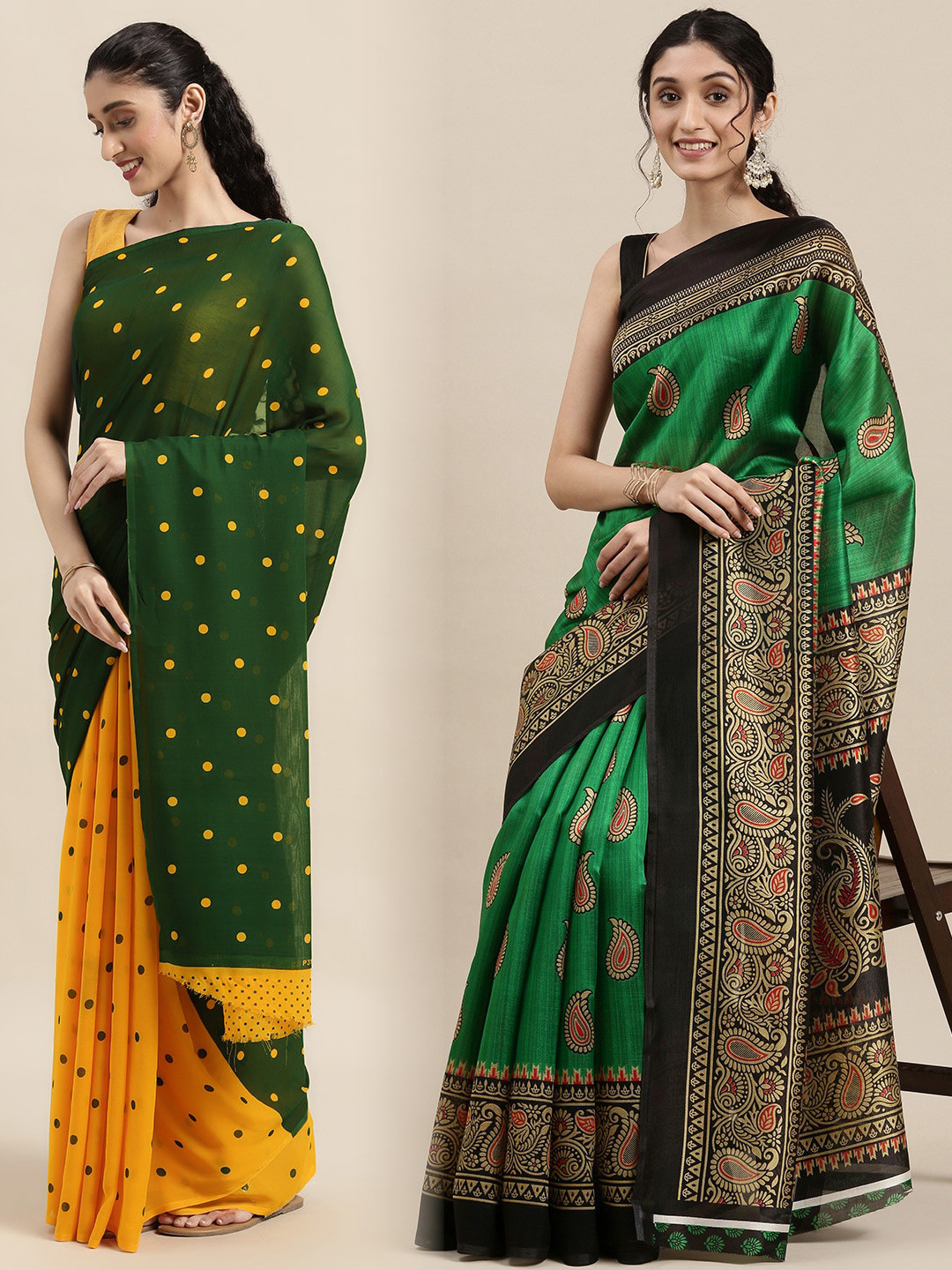 

KALINI Pack Of 2 Green Polka Dots Print Saree