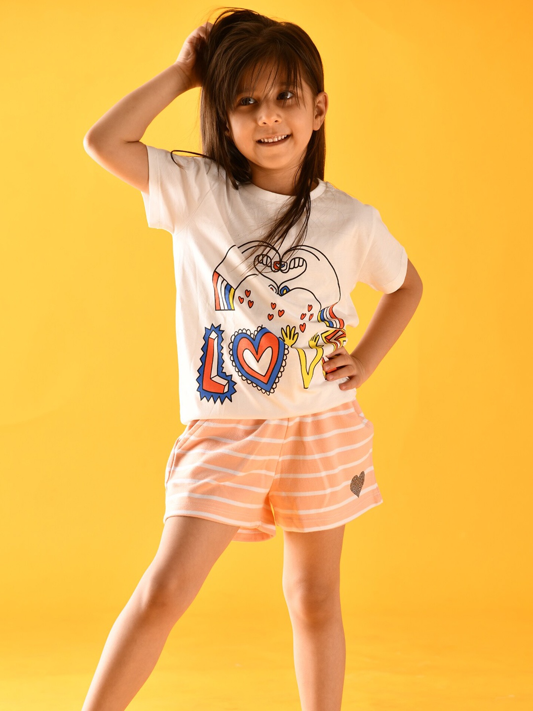 

Anthrilo Girls Orange & White Printed Pure Cotton T-shirt with Shorts