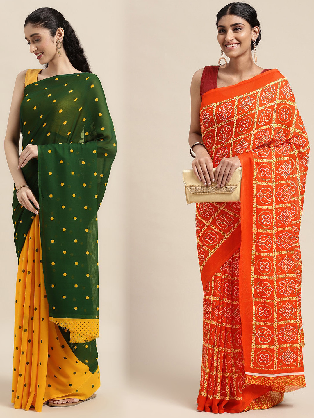 

KALINI Pack of 2 Printed Sarees, Green