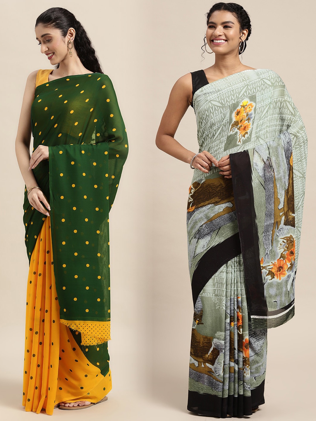 

KALINI Pack of 2 Printed Sarees, Green