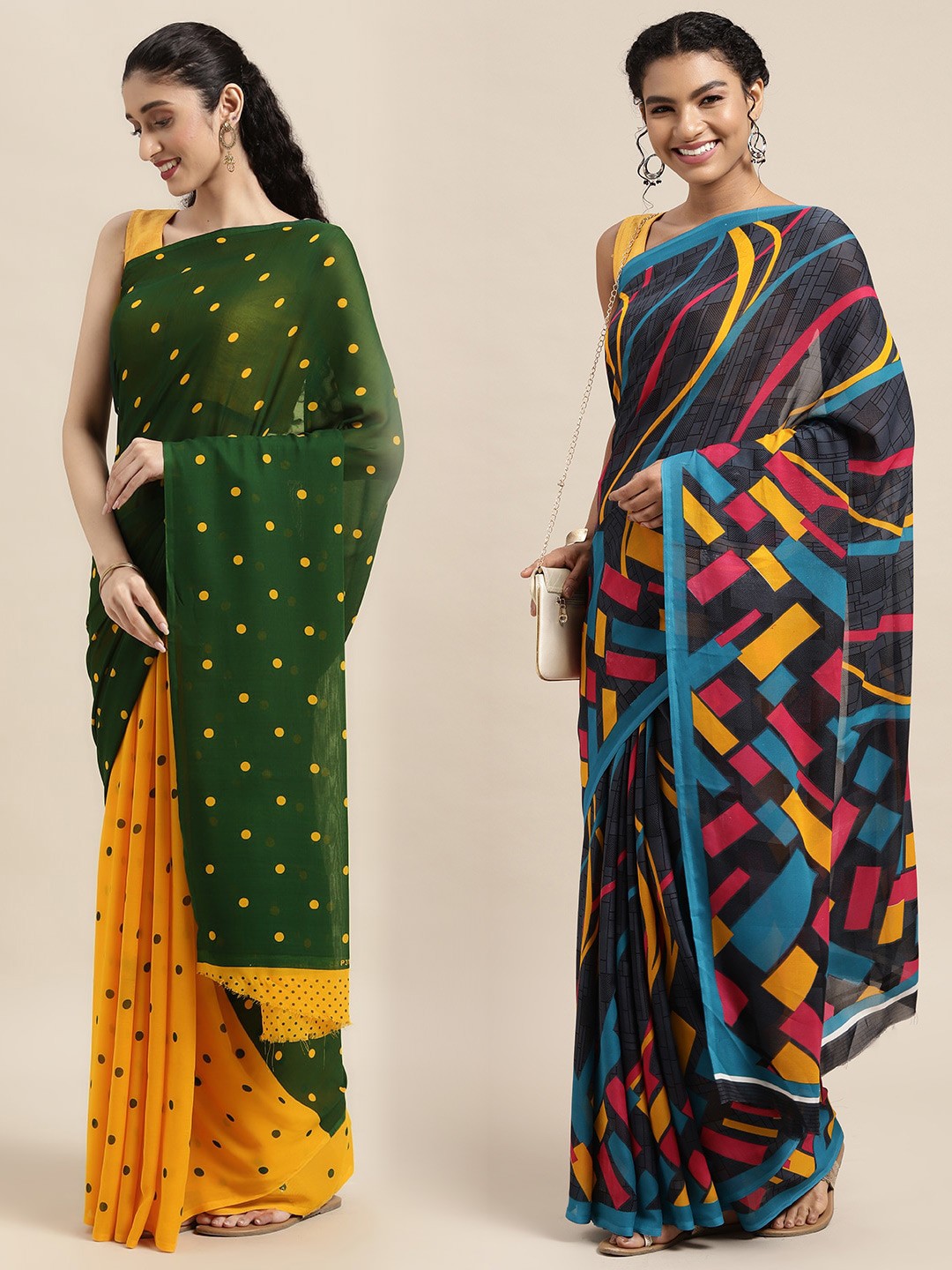 

KALINI Pack of 2 Polka Dots Printed Saree, Green