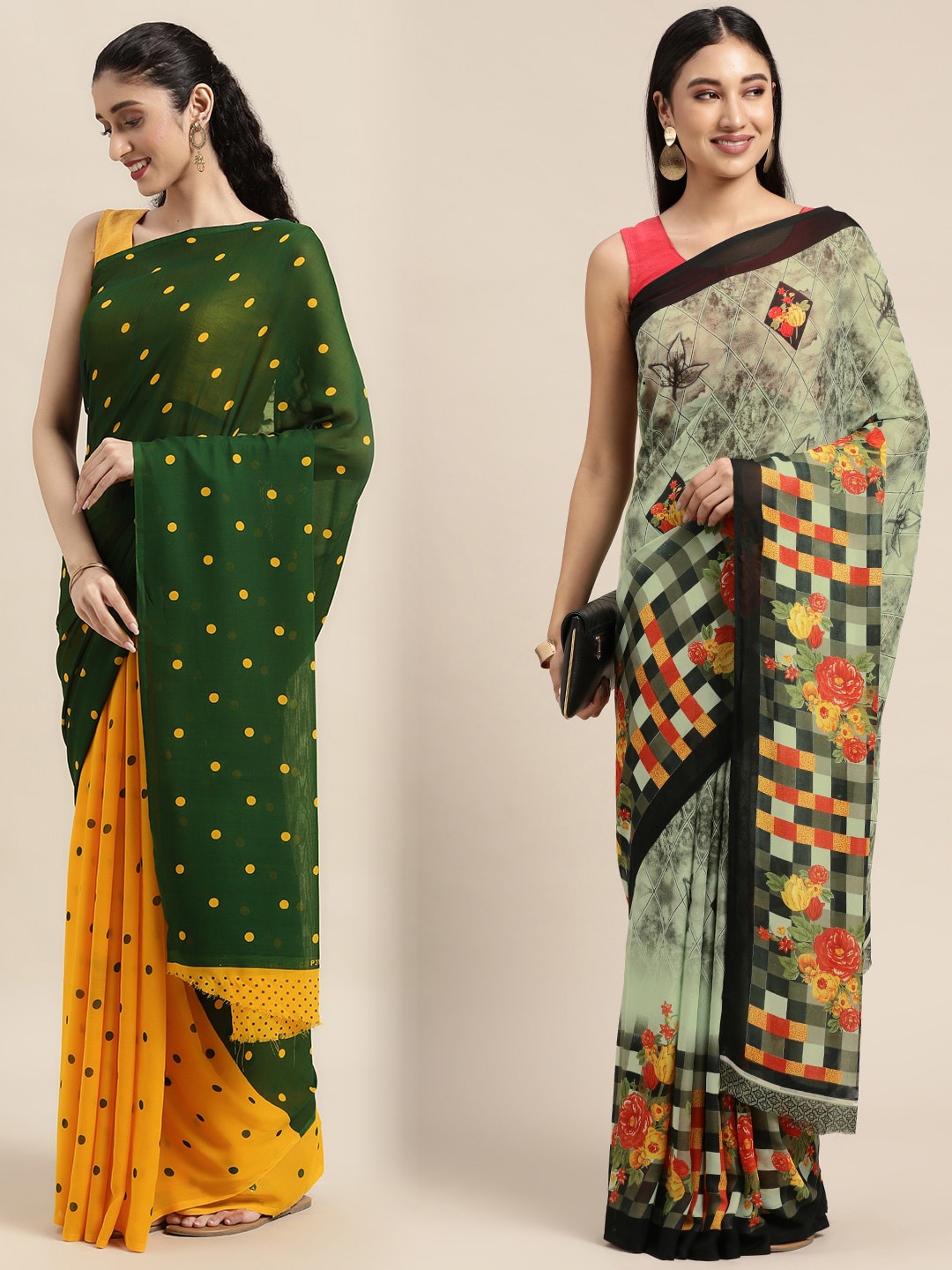 

KALINI Pack Of 2 Green & Grey Polka Dots Saree