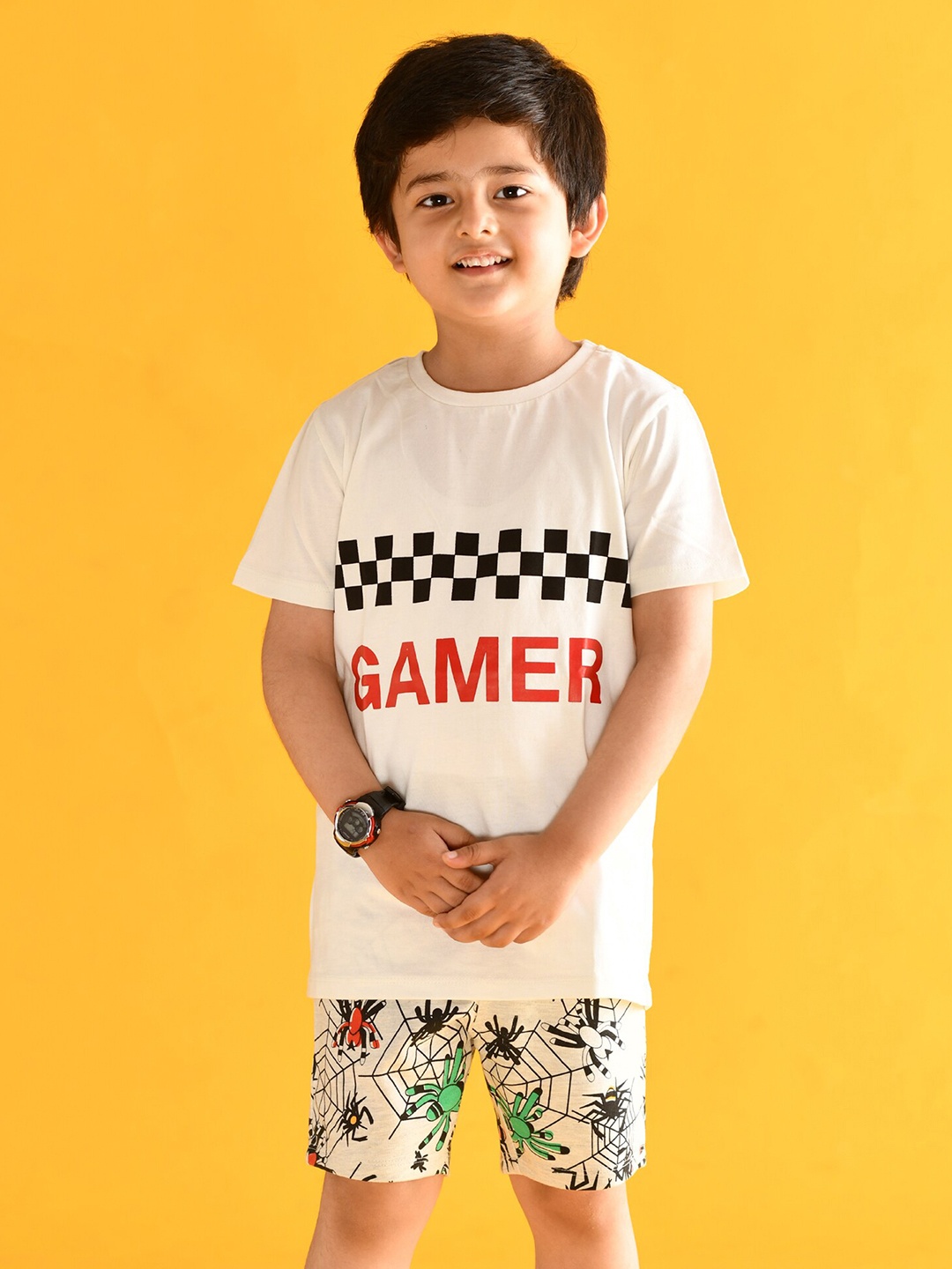 

Anthrilo Boys White & Black Printed Cotton T-shirt with Shorts