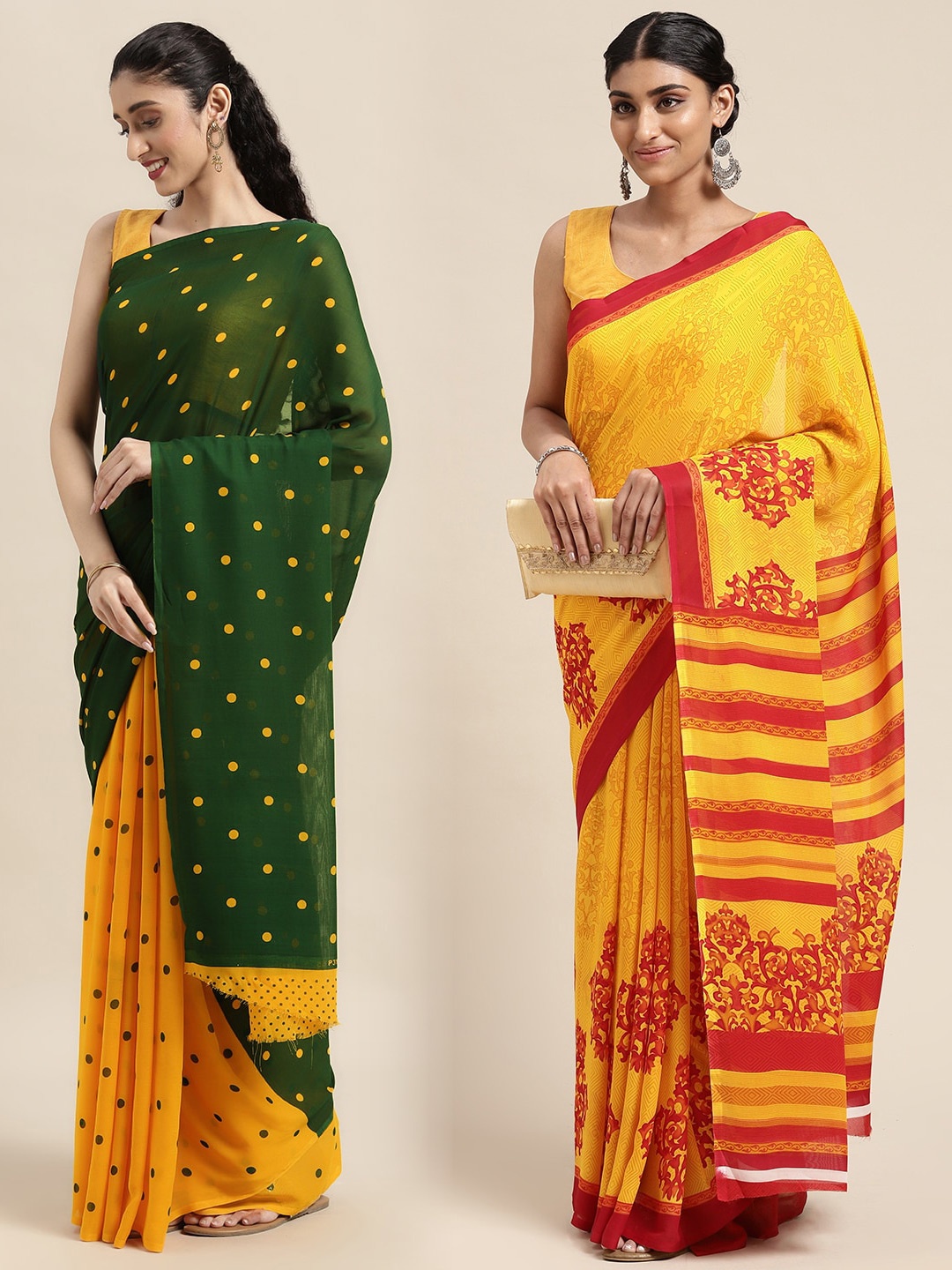 

KALINI Pack of 2 Printed Sarees, Green