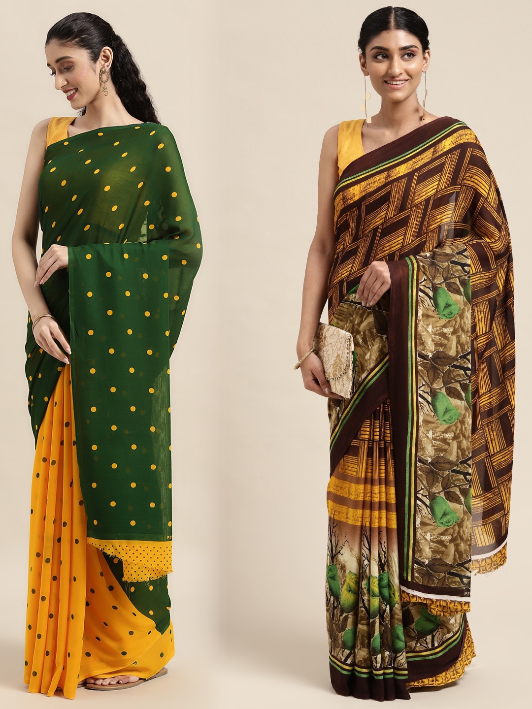 

KALINI Women Pack Of 2 Printed Sarees, Green