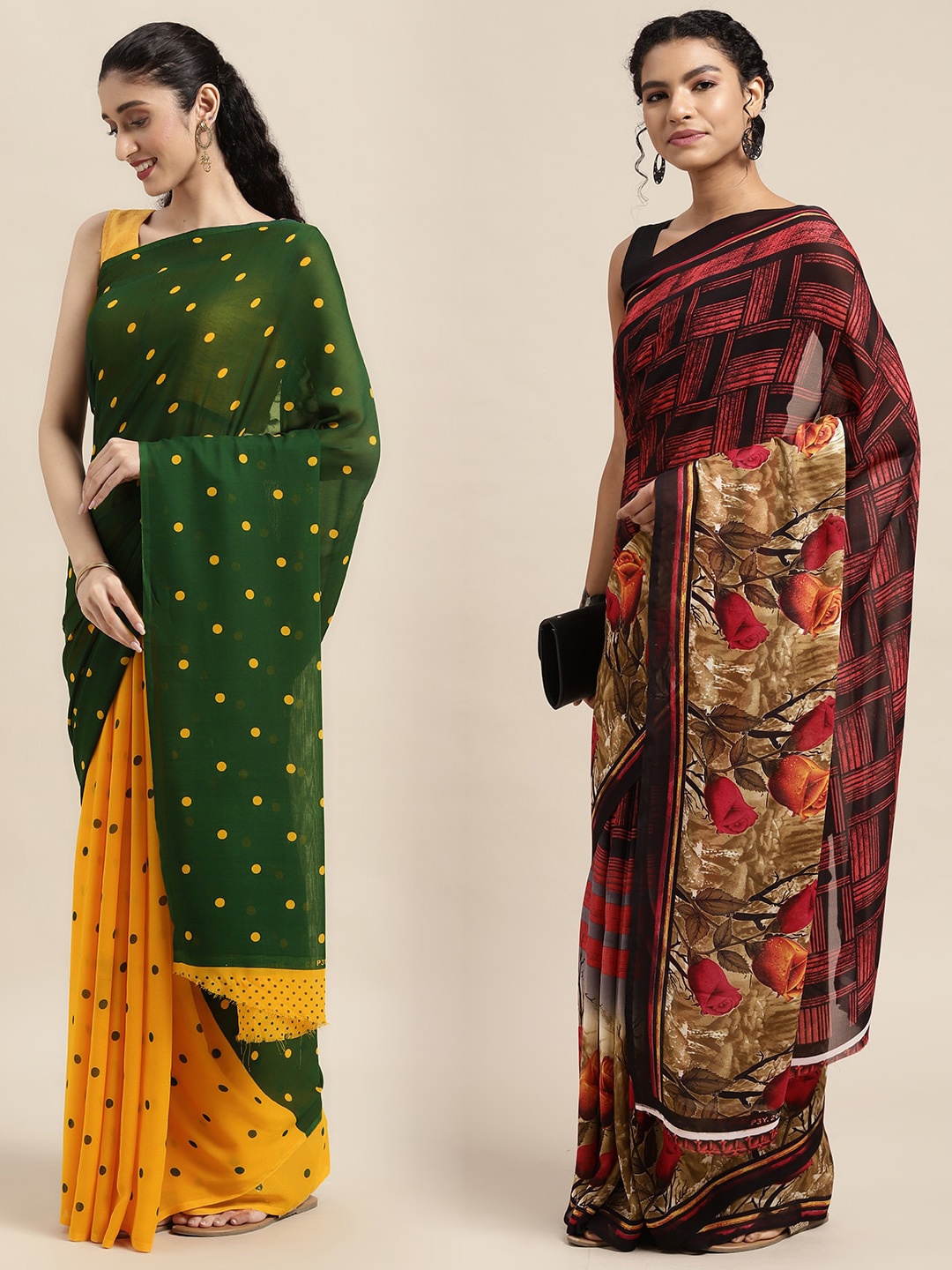 

KALINI Pack of 2 Printed Sarees, Green