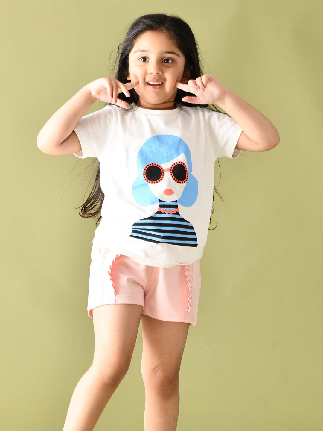 

Anthrilo Girls Pink & White Printed Cotton T-shirt with Shorts