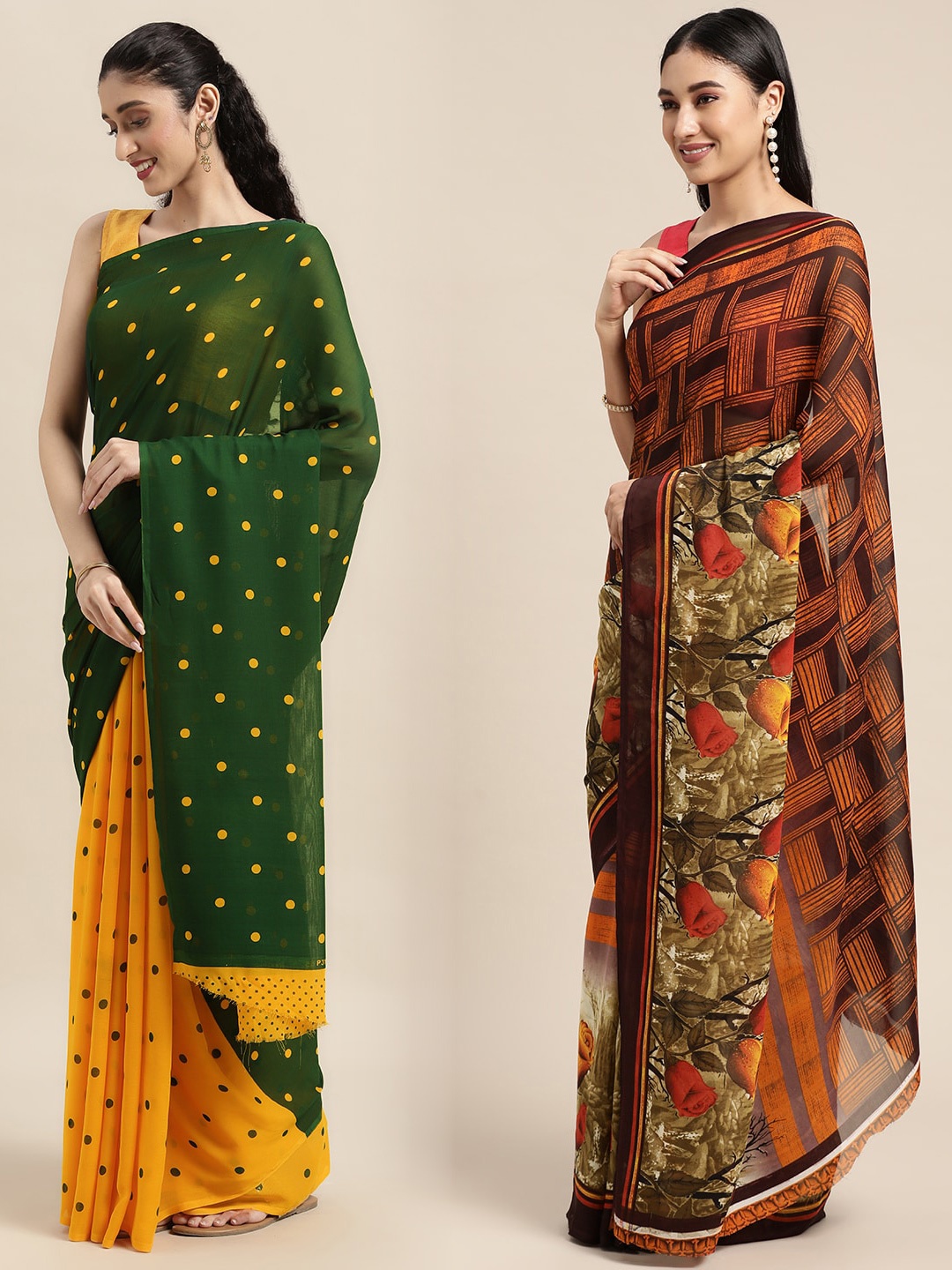 

KALINI Pack of 2 Polka Dots Printed Saree, Green
