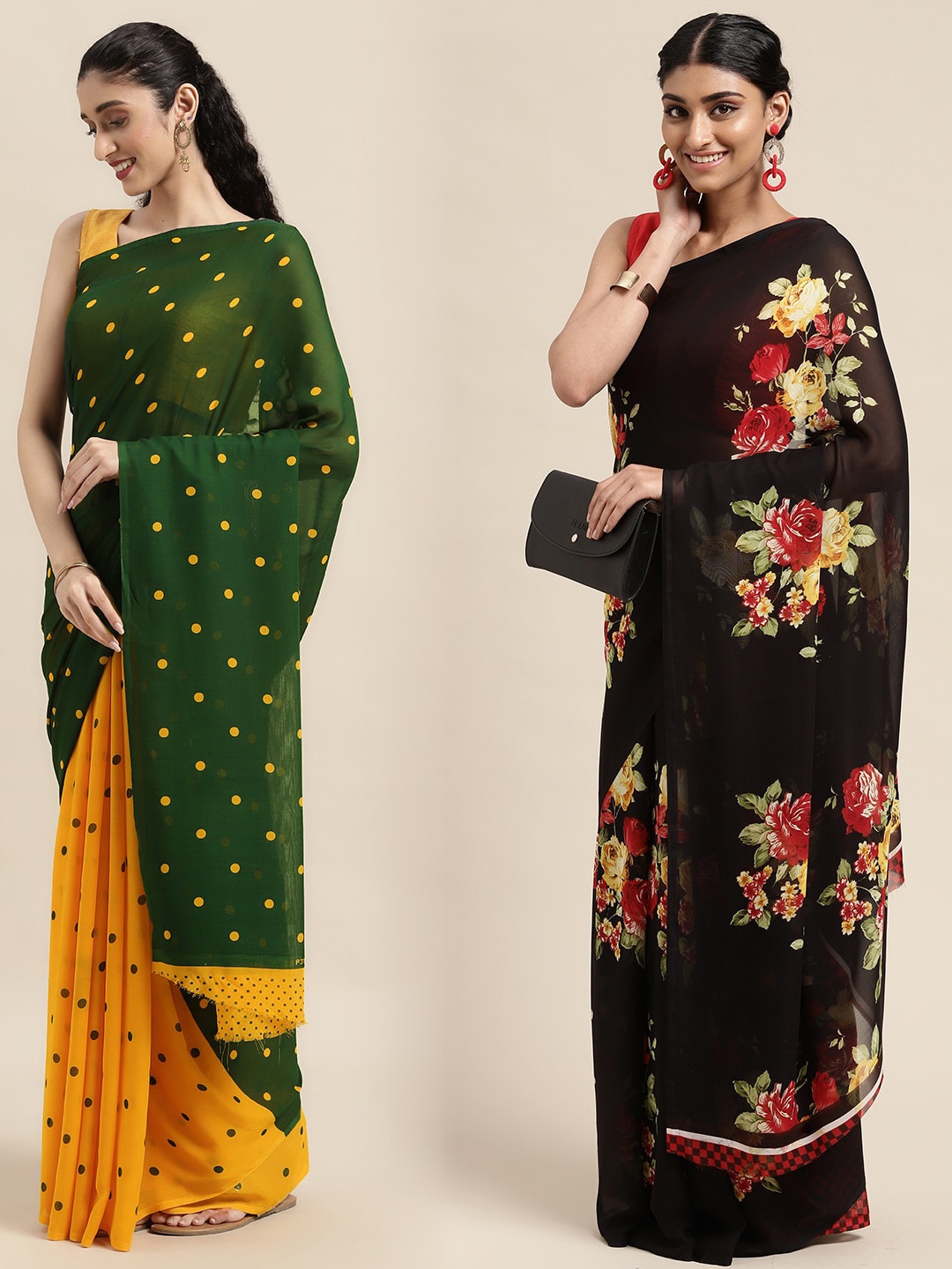 

ANAND SAREES Pack Of 2 Green & Yellow Polka Dots Saree