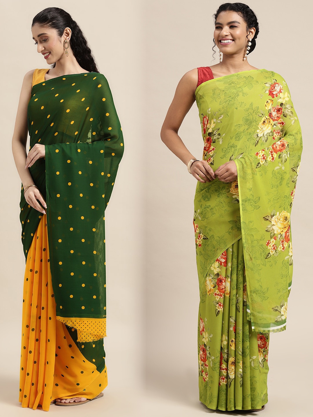 

ANAND SAREES Pack of 2 Printed Sarees, Green