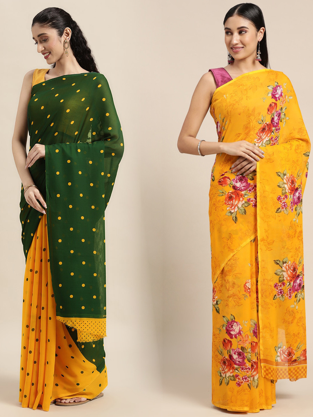 

KALINI Pack Of 2 Green & Yellow Polka Dots Saree