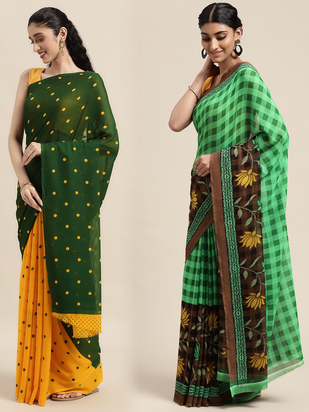 

KALINI Pack of 2 Polka Dots Printed Saree, Green