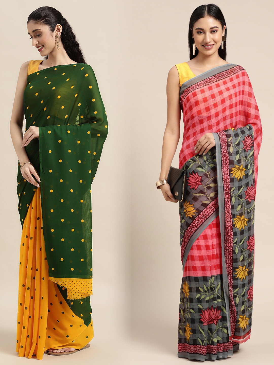 

KALINI Pack Of 2 Green & Yellow Polka Dots Saree