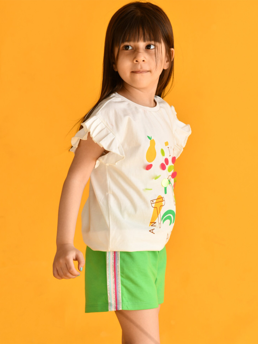 

Anthrilo Girls White & Green Printed Pure Cotton T-shirt with Shorts