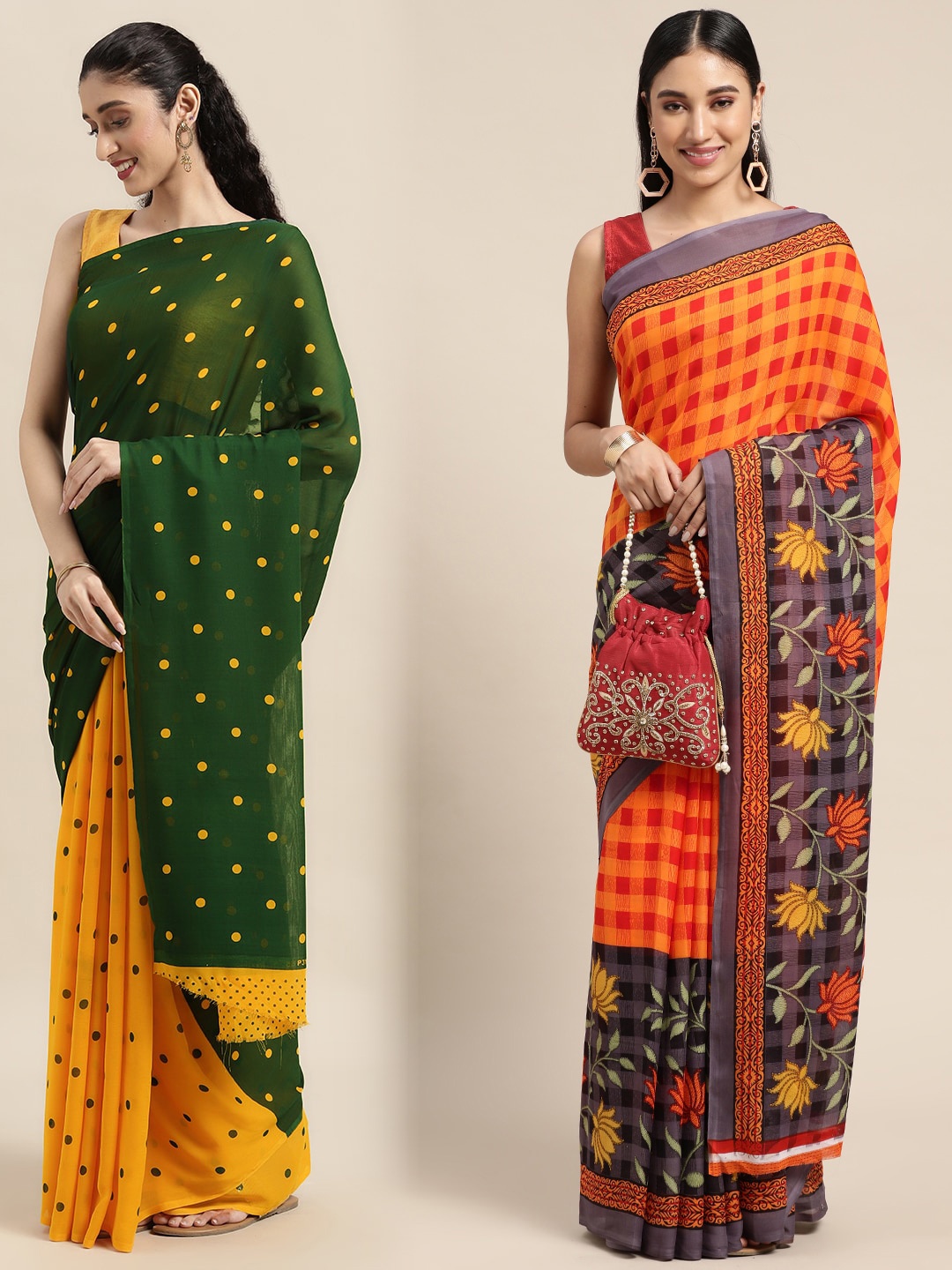 

KALINI Women Pack Of 2 Printed Sarees, Green