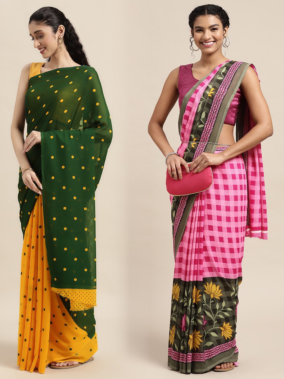 

KALINI Pack of 2 Printed Sarees, Green