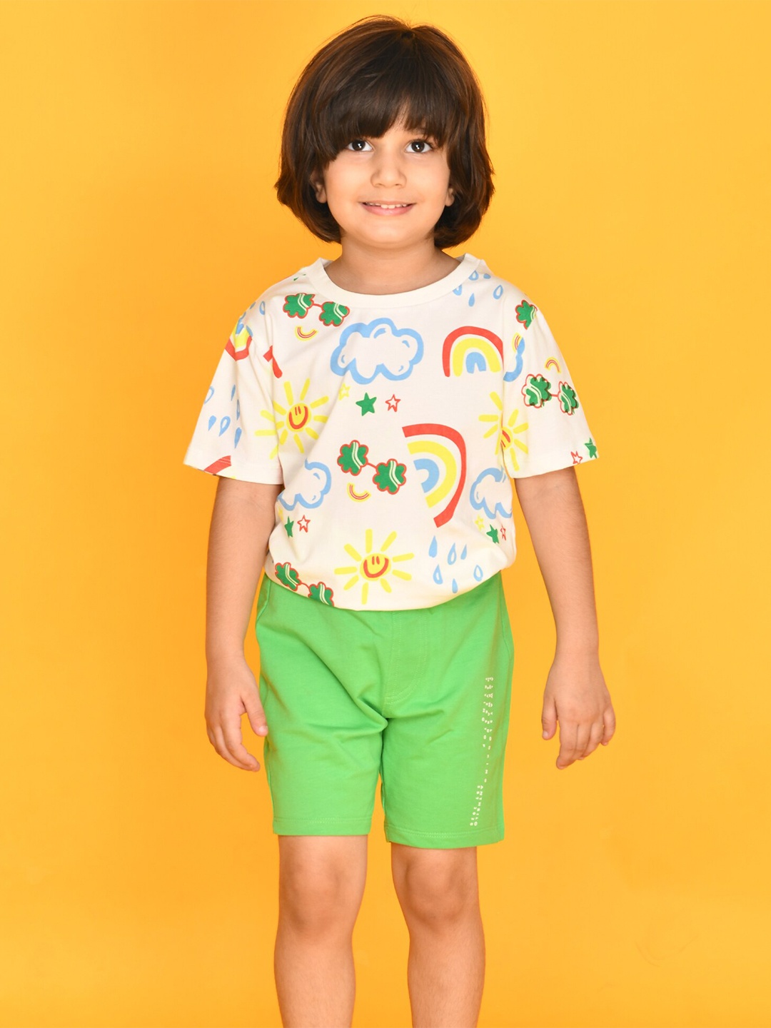 

Anthrilo Boys White & Green Printed Pure Cotton T-shirt with Shorts