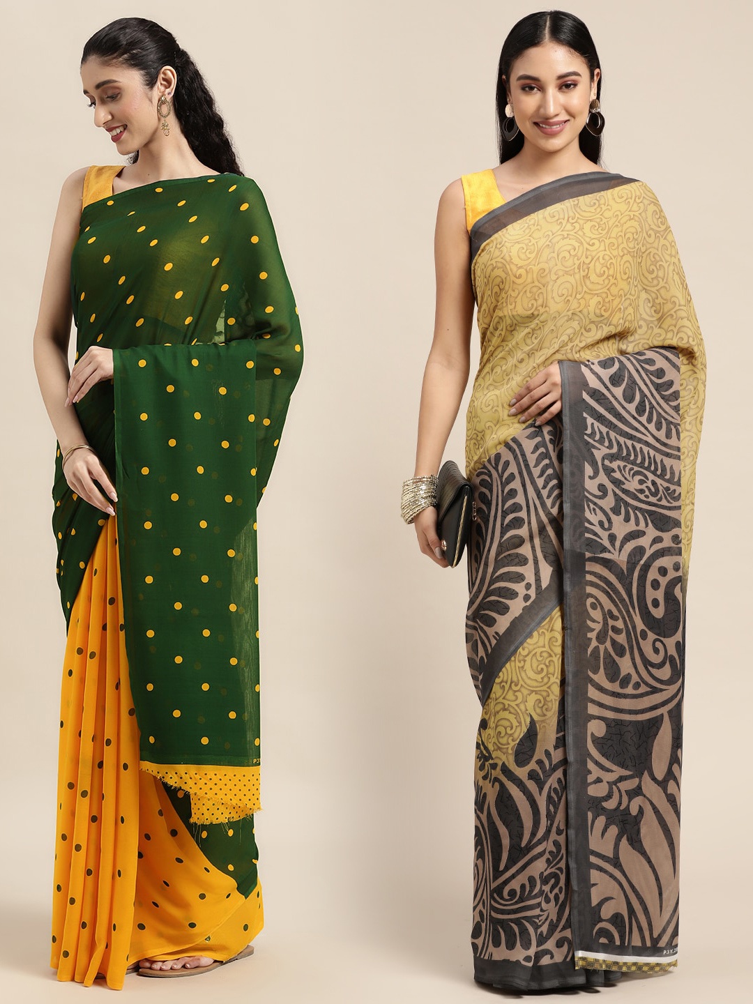 

KALINI Pack of 2 Polka Dots Printed Saree, Green