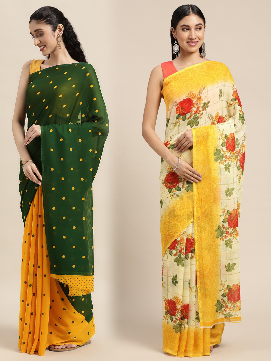 

KALINI Pack of 2 Polka Dots Printed Saree, Green