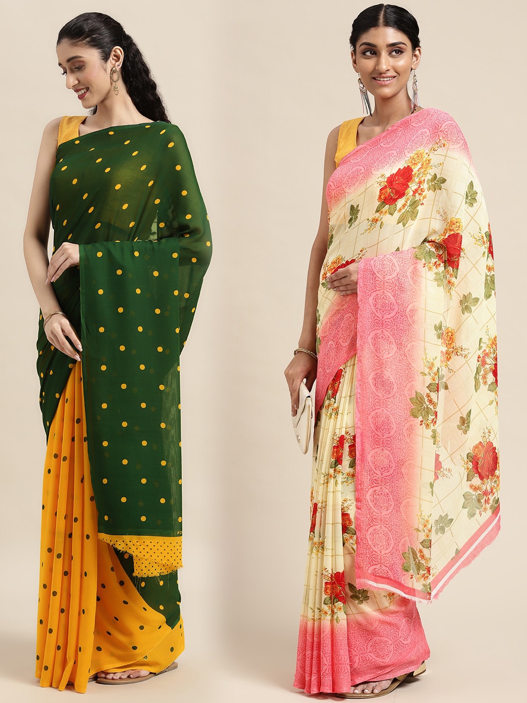 

KALINI Pack Of 2 Green & Yellow Polka Dots Saree