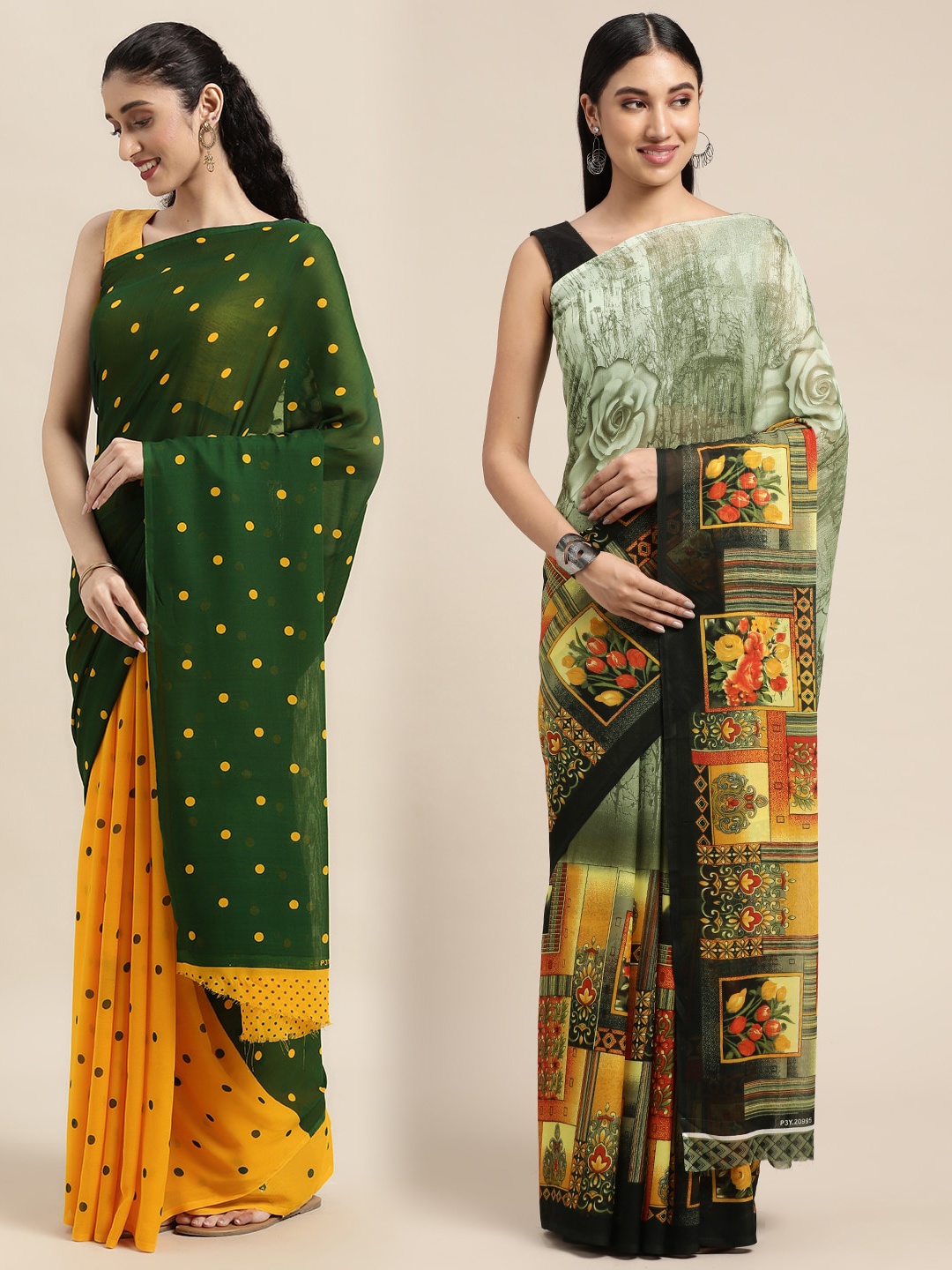 

KALINI Pack of 2 Printed Sarees, Green
