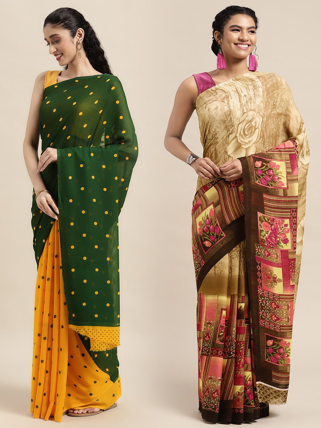 

KALINI Pack of 2 Polka Dots Printed Saree, Green