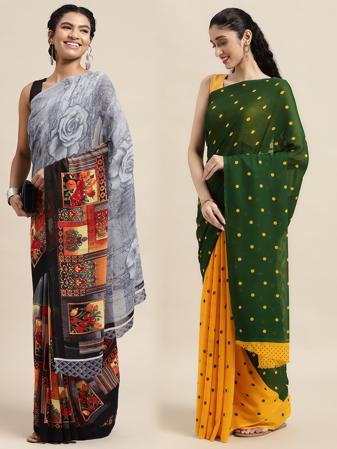 

KALINI Pack Of 2 Green & Yellow Polka Dots Saree