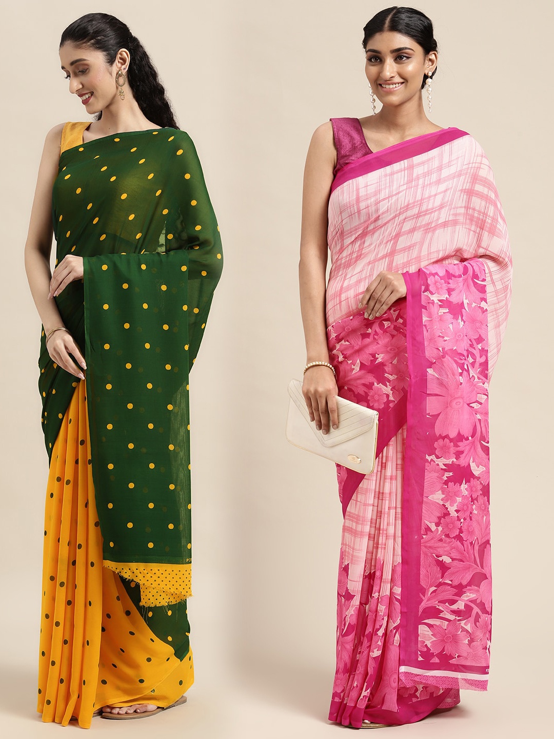 

KALINI Pack of 2 Printed Sarees, Green