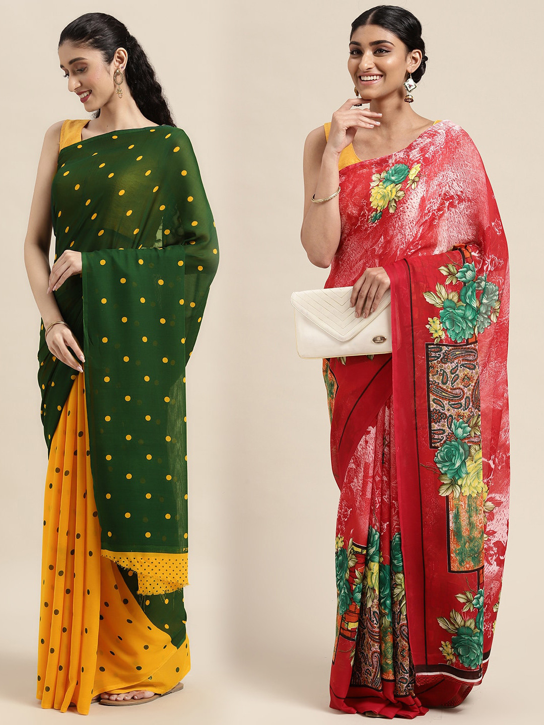 

KALINI Pack of 2 Polka Dots Printed Saree, Green