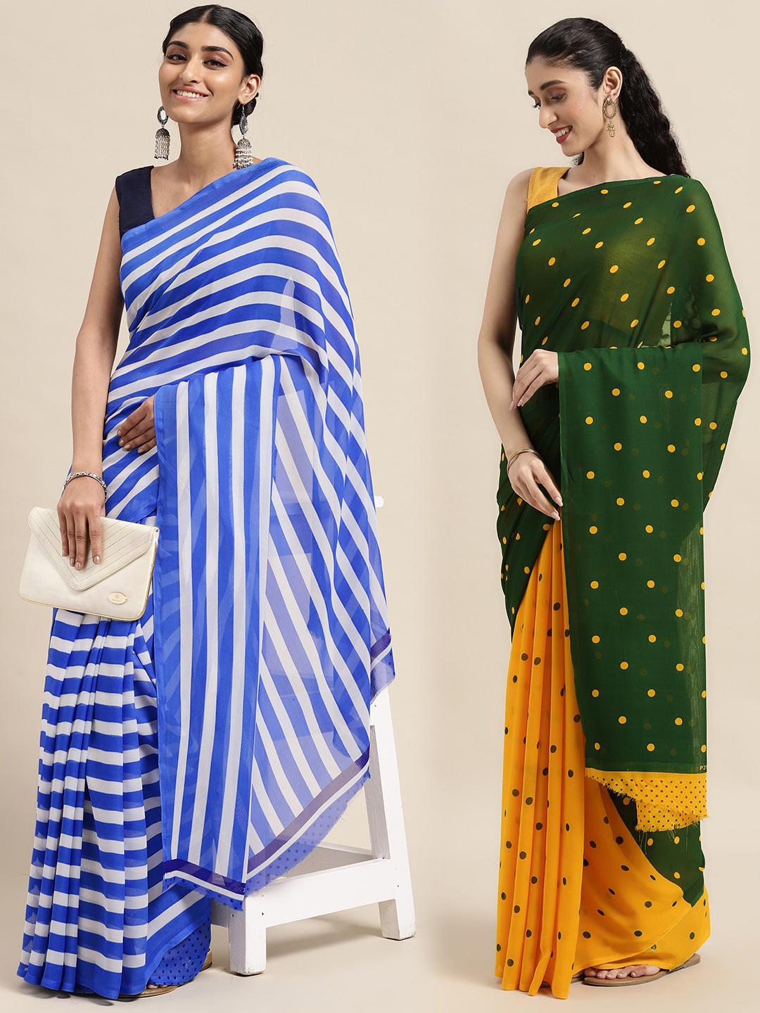 

ANAND SAREES Pack Of 2 White & Blue Striped Saree