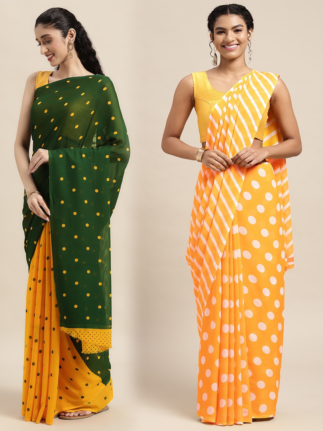 

KALINI Pack of 2 Polka Dots Printed Saree, Green