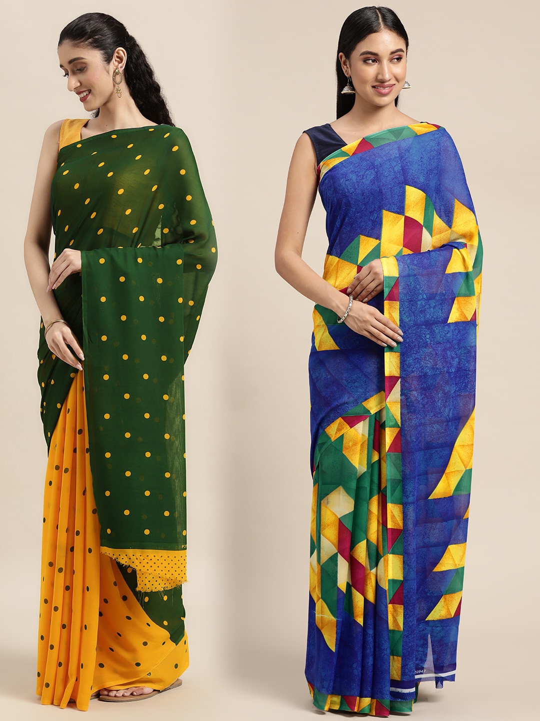 

KALINI Pack Of 2 Green & Yellow Polka Dots Saree