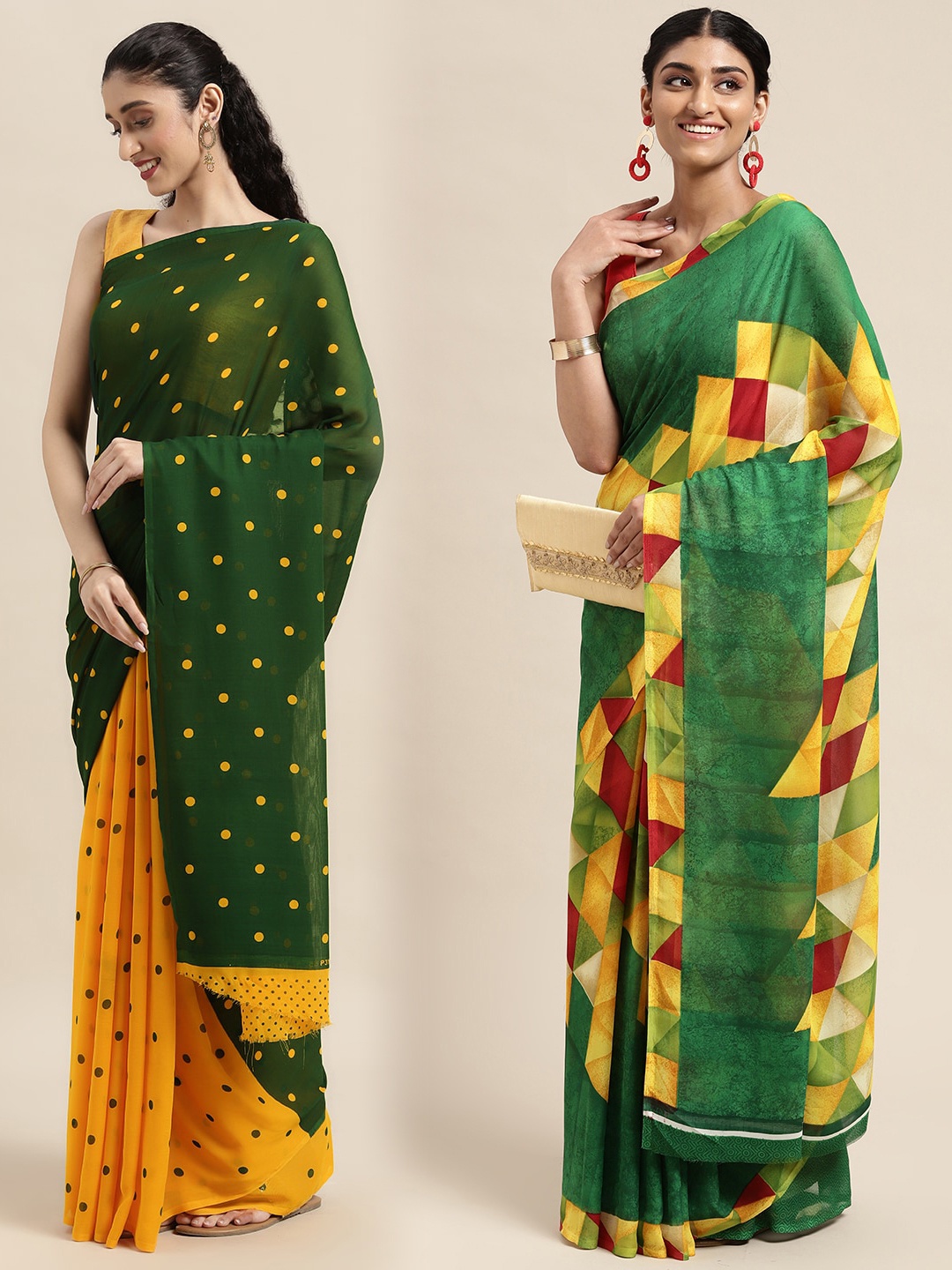 

KALINI Pack of 2 Printed Sarees, Green
