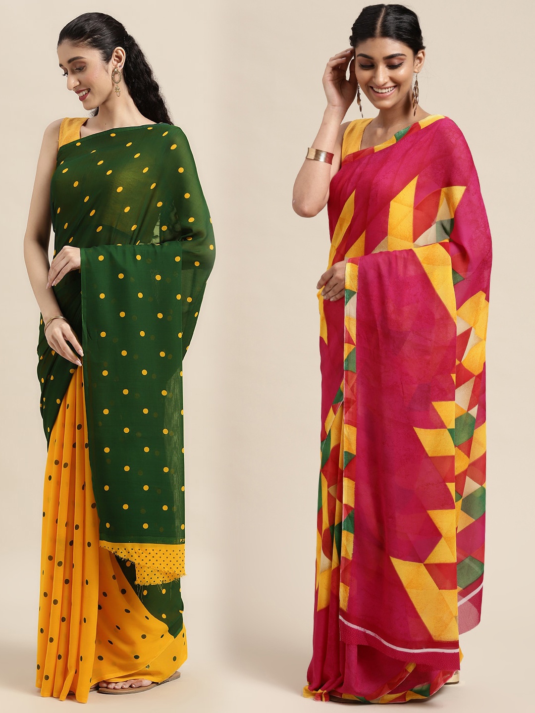 

KALINI Pack of 2 Polka Dots Printed Saree, Green