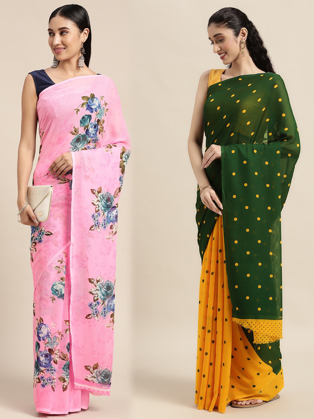 

KALINI Pack of 2 Printed Sarees, Pink