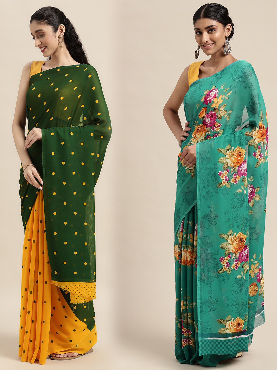 

KALINI Pack of 2 Polka Dots Printed Saree, Green