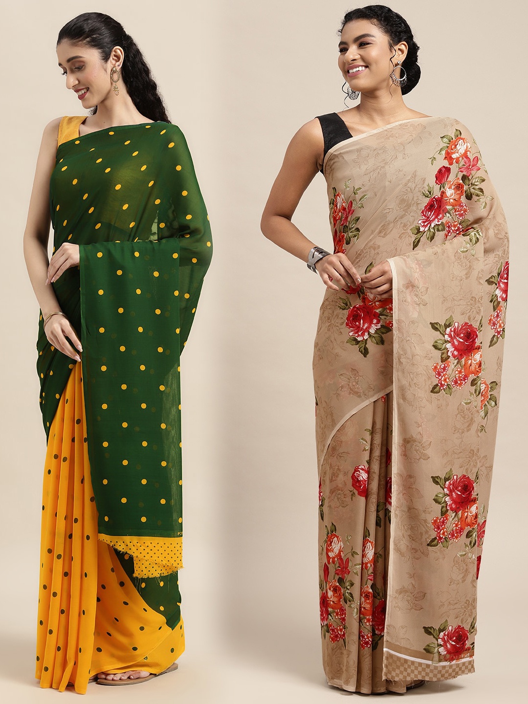

KALINI Pack Of 2 Green & Yellow Polka Dots Saree