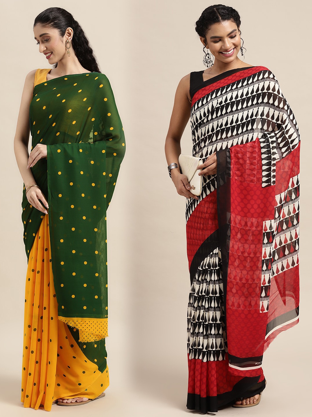 

KALINI Pack of 2 Printed Sarees, Green
