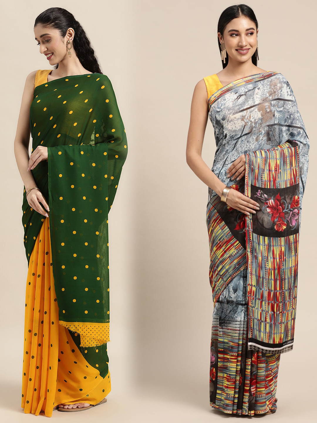 

KALINI Pack of 2 Polka Dots Printed Saree, Green