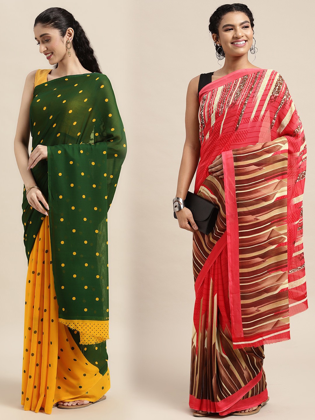 

KALINI Pack Of 2 Green & Yellow Polka Dots Saree