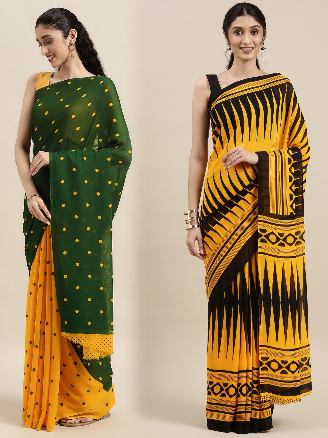 

KALINI Pack of 2 Printed Sarees, Green