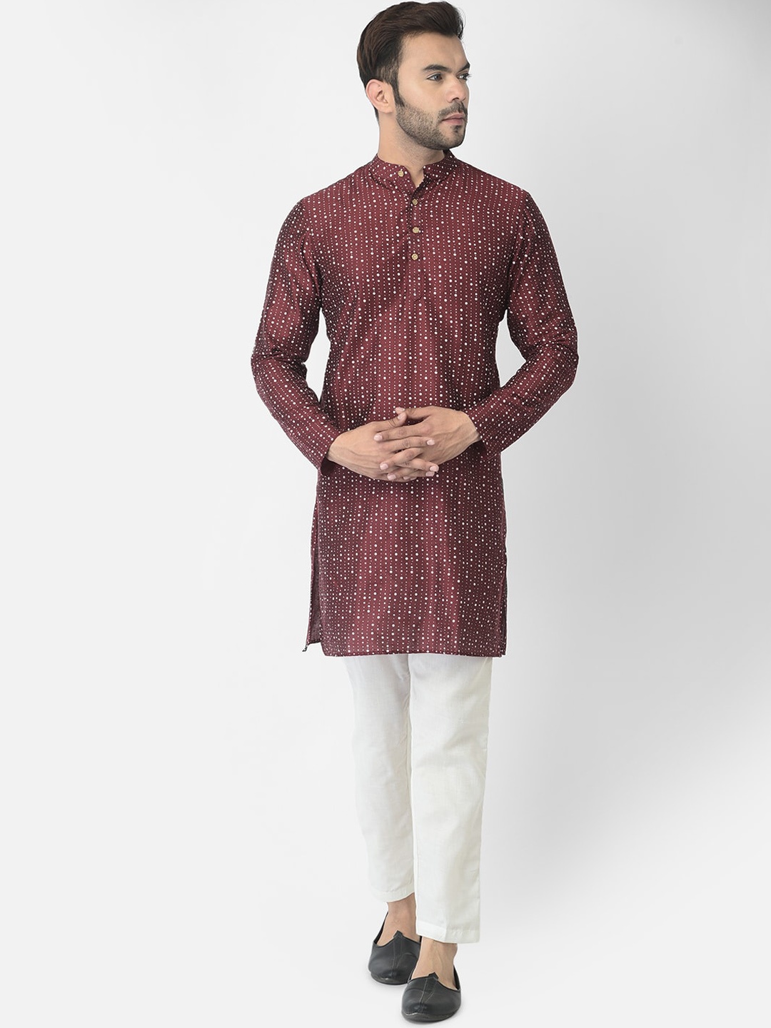 

DEYANN Men Maroon Bandhani Printed Kurta with Pyjamas