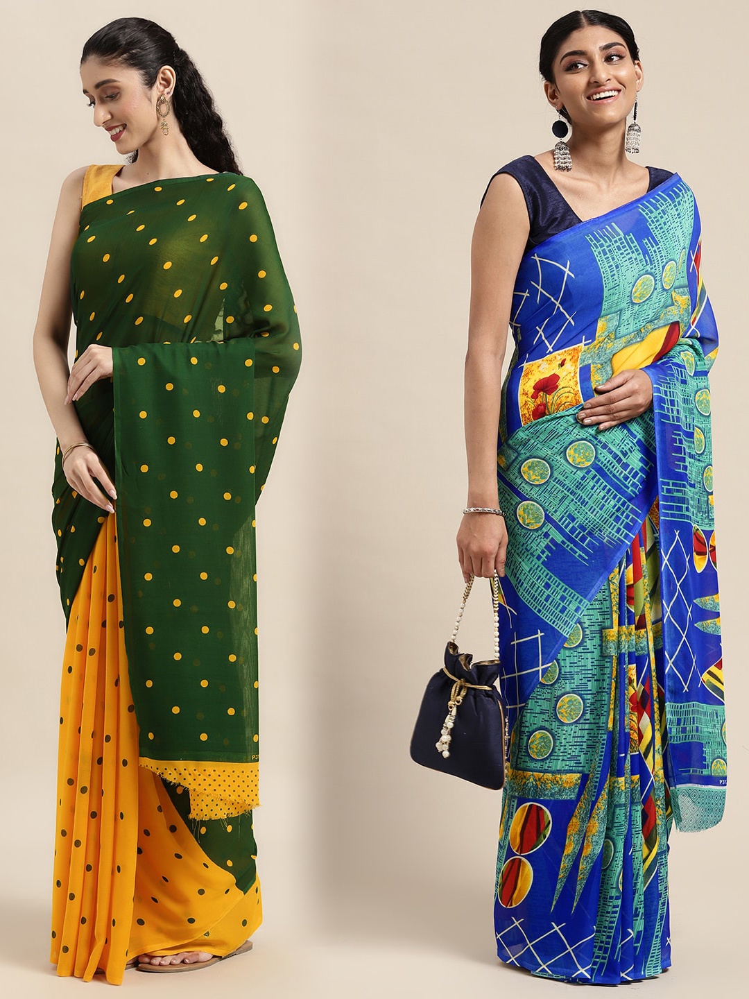 

KALINI Pack of 2 Polka Dots Printed Saree, Green