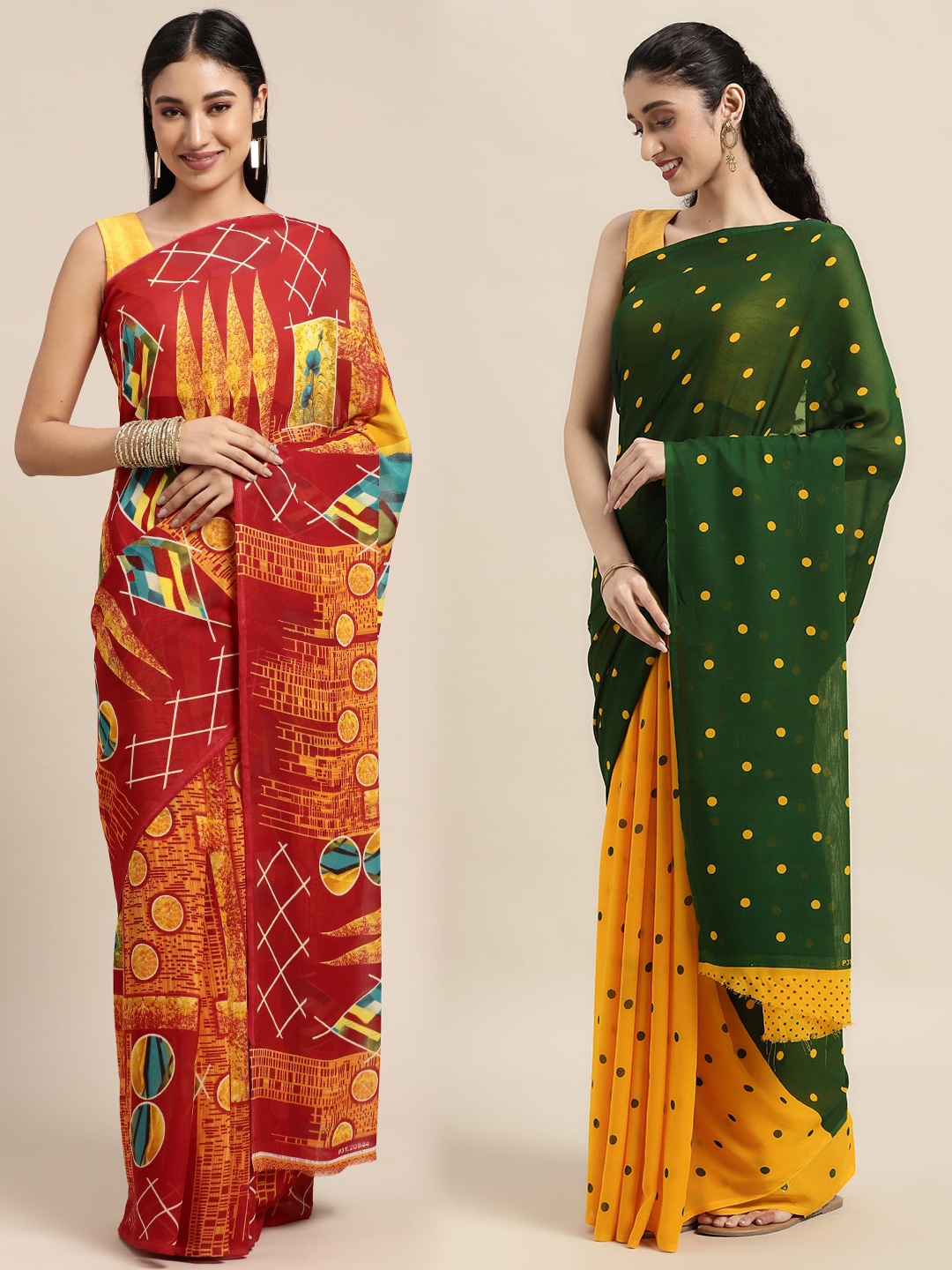 

KALINI Pack Of 2 Orange & Red Abstract Print Saree