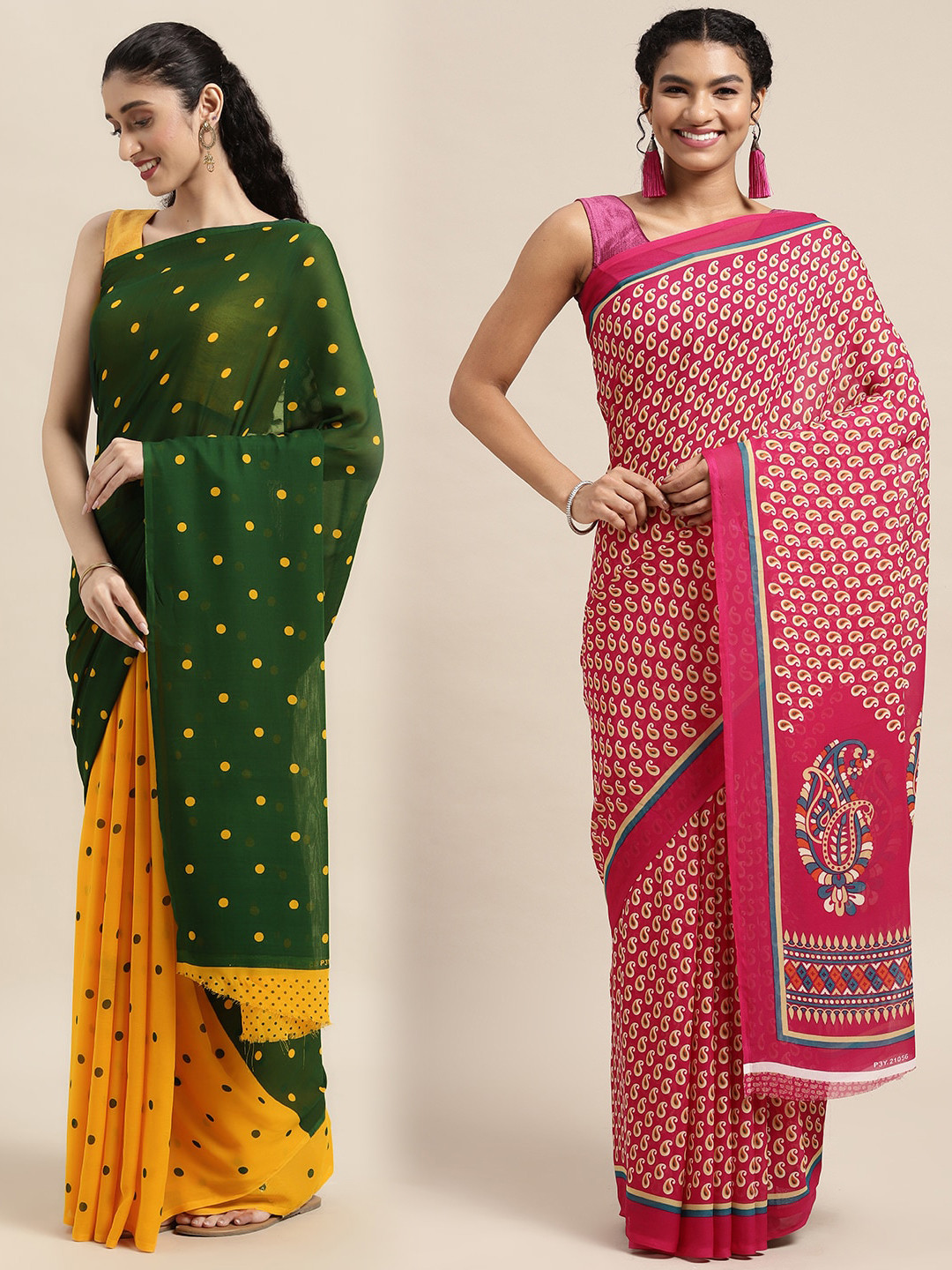 

KALINI Pack of 2 Printed Sarees, Green